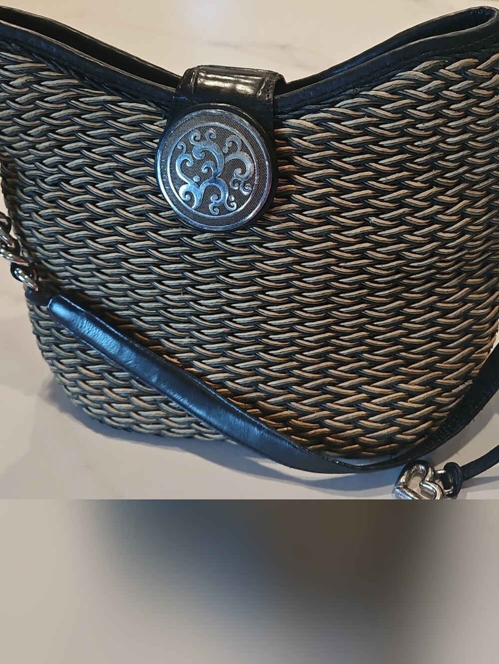 Brighton Woven Straw and Black Trim Shoulder Bag with Silver Accent